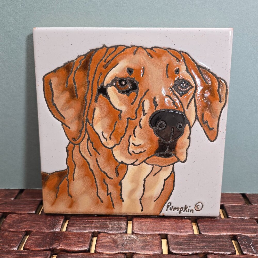 PUMPKIN TILE 6" x 6" HAND GLAZED KILN FIRED ~ Rhodesian Ridgeback / Labrador
